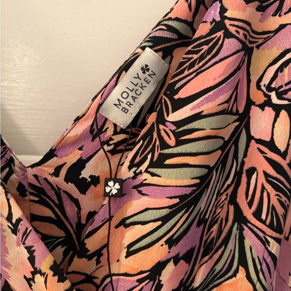 NWOT Molly Bracken Pink Palm Print Tie Sleeve Deep V-Neck Maxi Dress Size Small - Picture 10 of 14